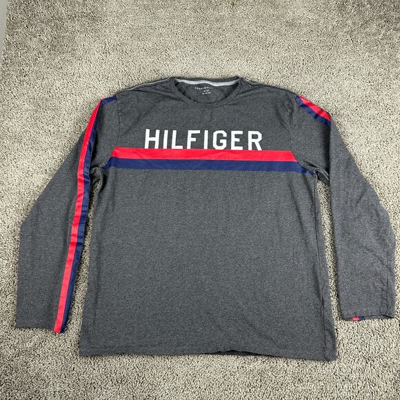 Tommy Hilfiger Shirt Mens Extra Large Gray White Spellout Logo Long Sleeve Print - Picture 1 of 9